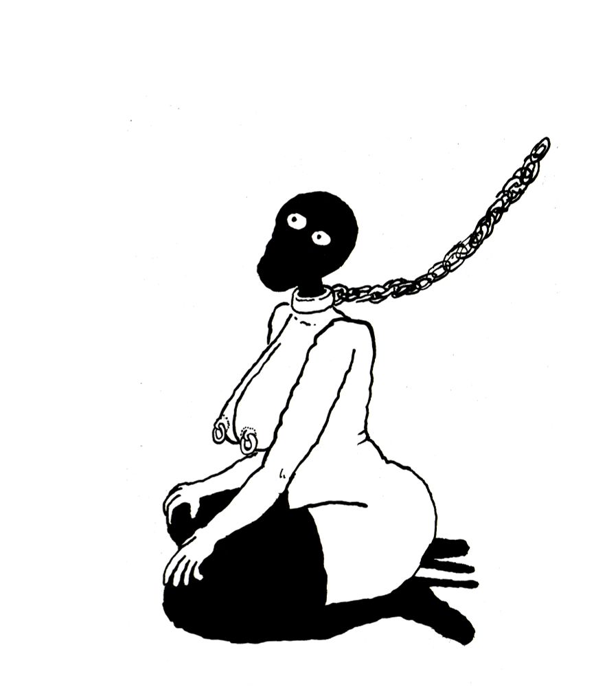 Black and white artwork of a person on a chain leash kneeling and looking up