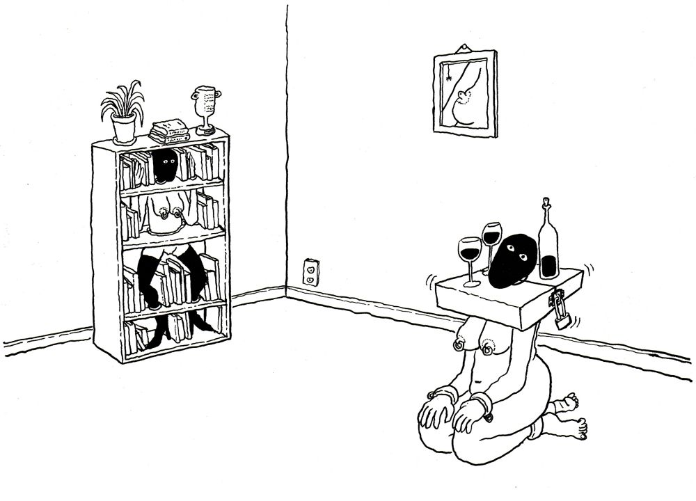 Doodle of people in bondage, serving as "furniture"