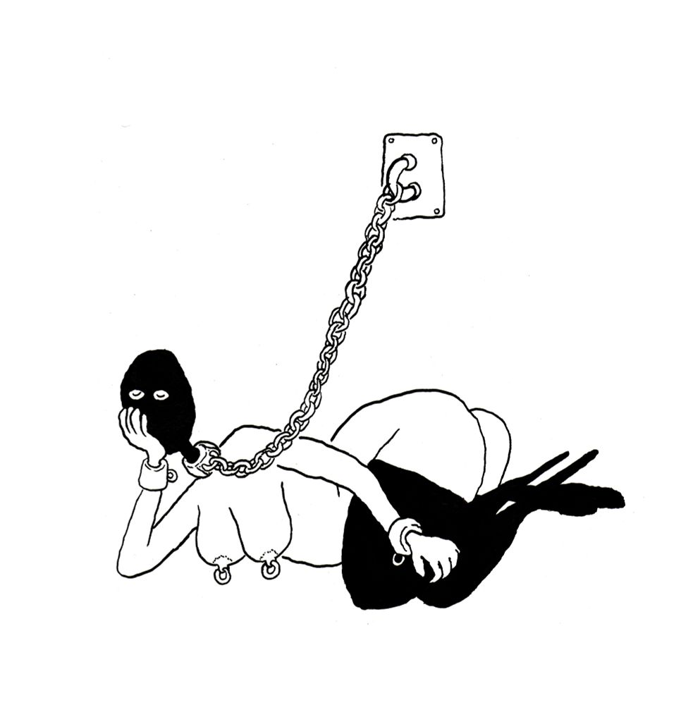 Doodle of a person on a leash that is locked to a ring on the wall