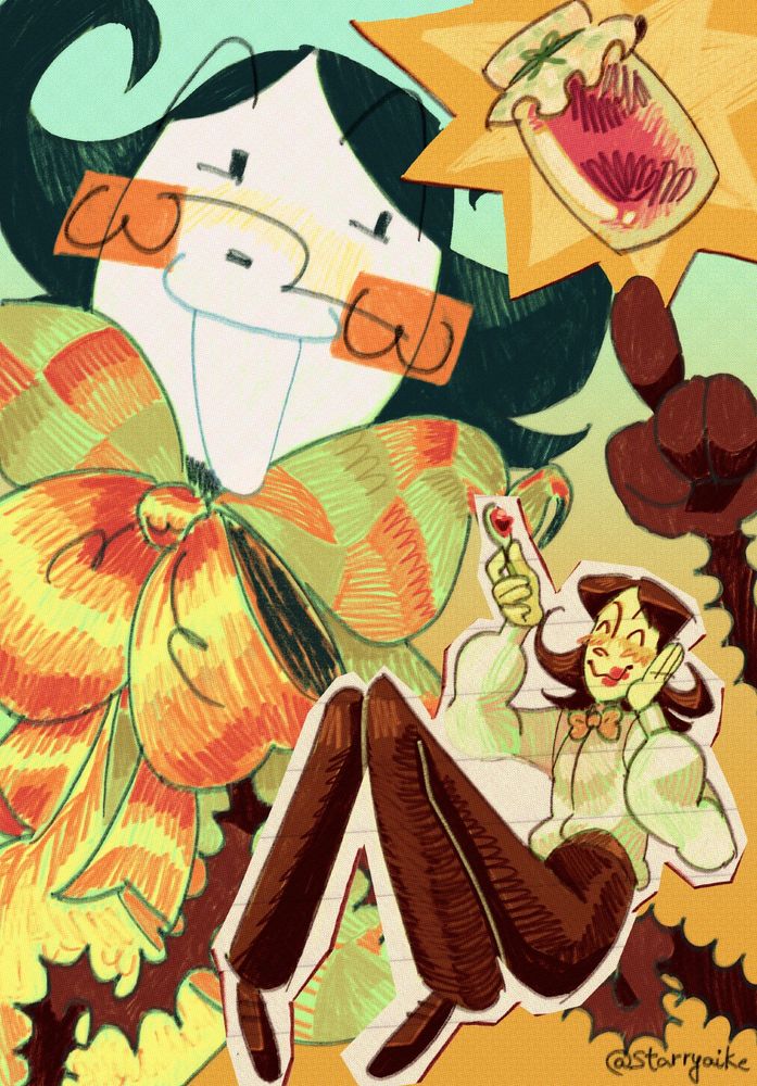 An elaborate illustration. There are two Cobigails- one human and the other one as a god. The human one is holding a spoonful of jam with a satisfied face, while the god one is pointing at the top right of the piece, where a jar of Milldreadberry jam sits.