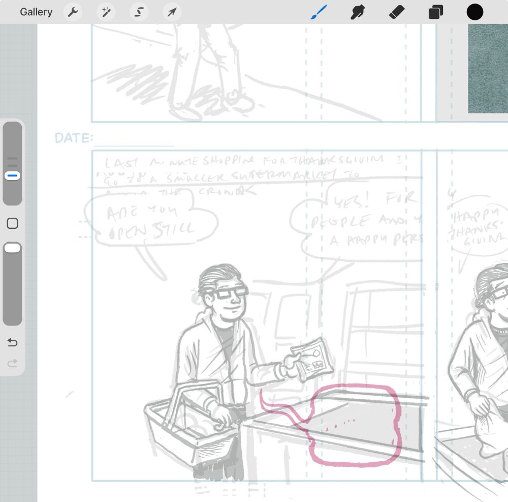 Screenshot of a procreate comic page in progress. I’m at the supermarket shopping for thanksgiving. The drawing is done with sketchy grey line with some scrawled text you can barely read. 