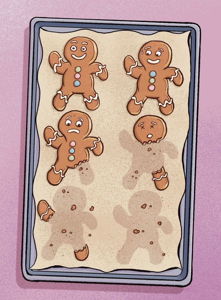 A tray with ginger bread cookies. Some are eaten and the ones that aren’t are beginning to get scared! 