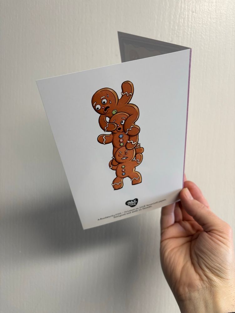 The back of the card has an image of three ginger bread cookies standing on each others shoulders. Card by me. 