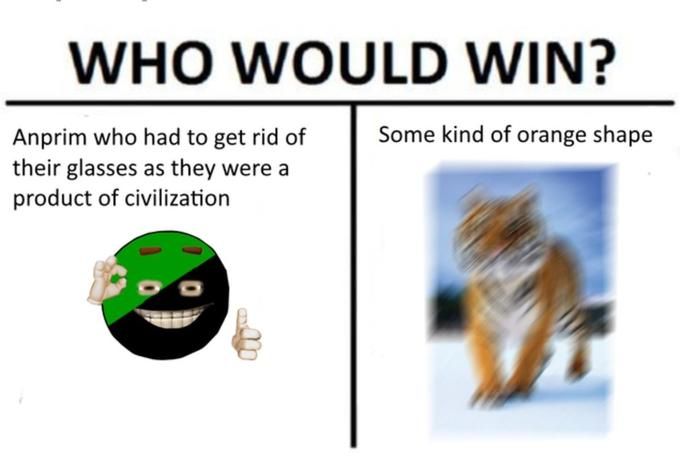 Who would win: anprim who had to get rid of their glasses as they were a product of civilization or some kind of orange shape (blurry tiger)
