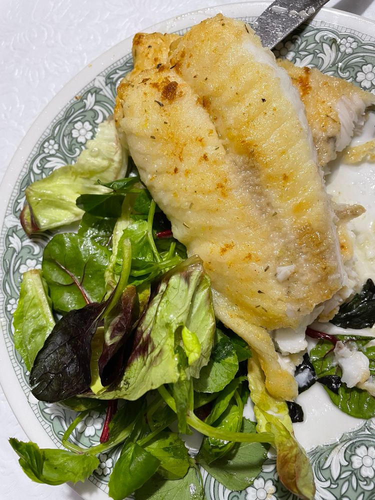 A plate of fried orange roughy fish and a mixed green salad