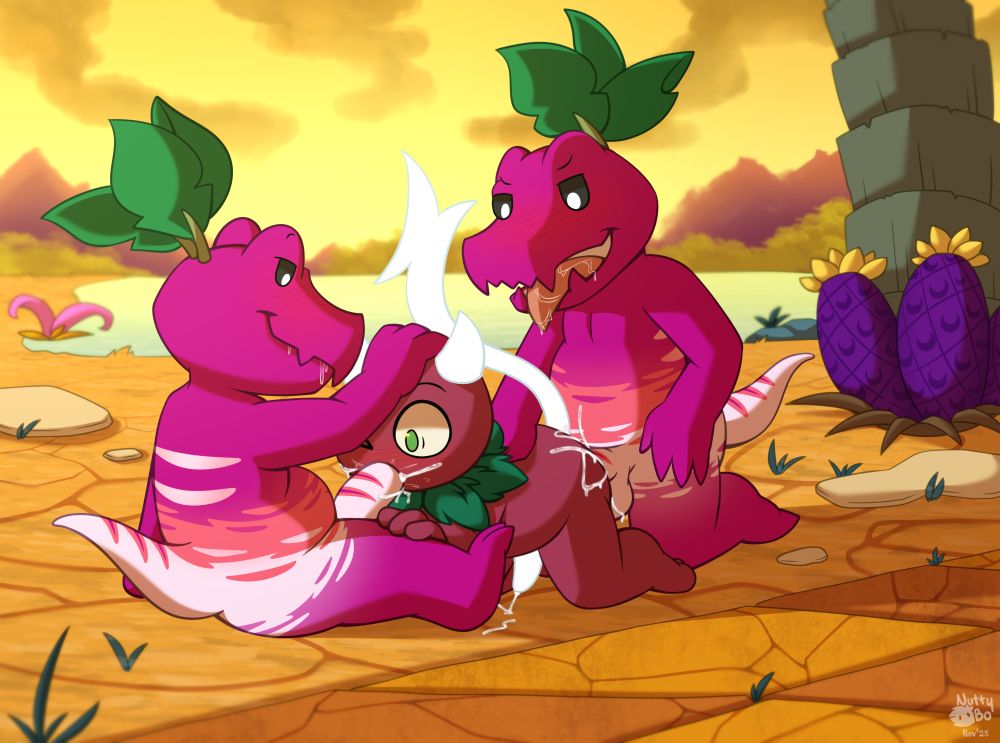 (cum alt) voltar the electric currant is being spitroasted by two veloci-radish's in a threesome