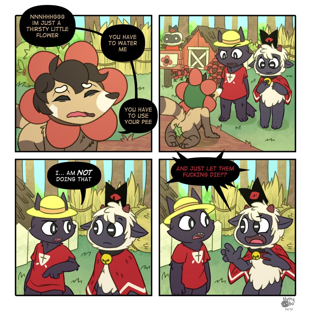 in the cult of the lamb universe, quixent the red panda is dressed up as a flower. begging on the knees to have their thirst quenched. they need pee, pee only narinder can provide. tho he is hesitant, our gracious leader lamb calmly explains how it is narinders civil duty to piss on them. really give that flower what for. narider is in distraught