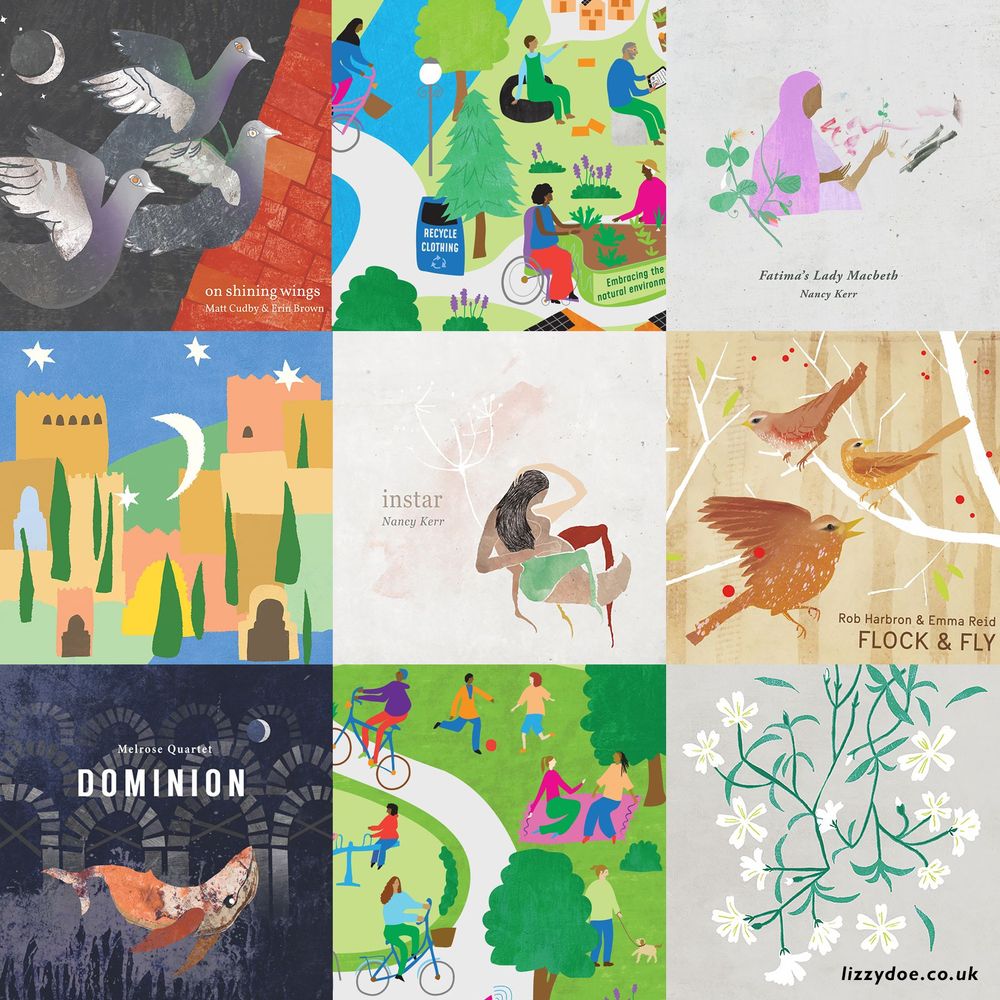 A montage of illustration work by Lizzy Doe featuring birds, flowers, the Alhambra palaces, and several nature-themed album covers
