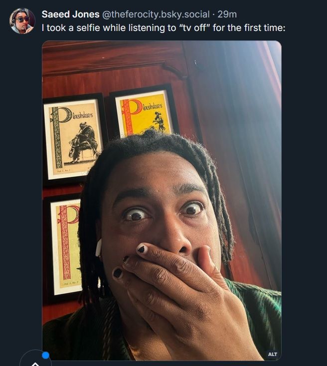 A photo of Saeed Jones with his hand to his mouth the text reads "I took a selfie while listening to "TV off" for the first time. Closely mirroring Miriam's same face with her hand to her mouth while also listening to Kendrik's new album, but a different song