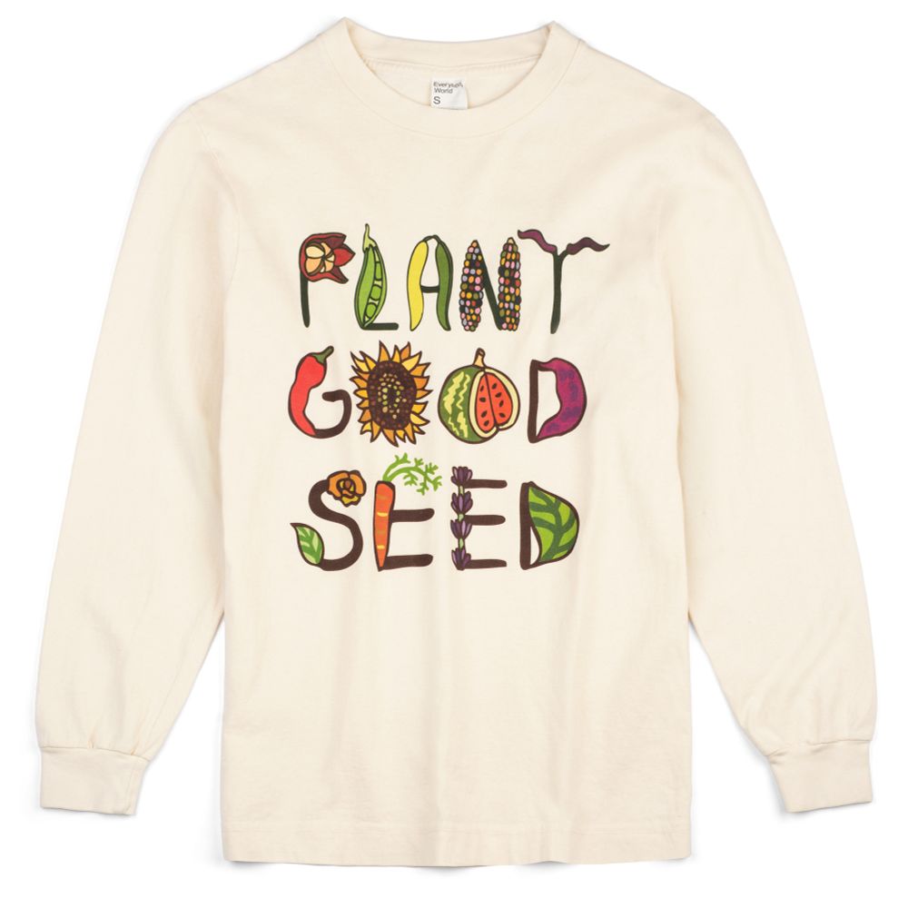 A photo of a Plant Good Seed letter logo shirt, off white color. 