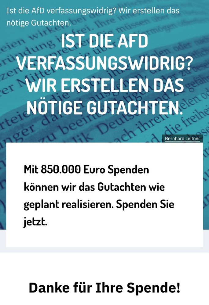 Screenshot eines Aufrufs der Gesellschaft für Freiheitsrechte, für ein Gutachten zur Prüfung der AfD bzgl Verfassungswidrigkeit zu spenden. Darunter der Vermerk "Danke für Ihre Spende", denn die Verfasserin des Posts hat gespendet.