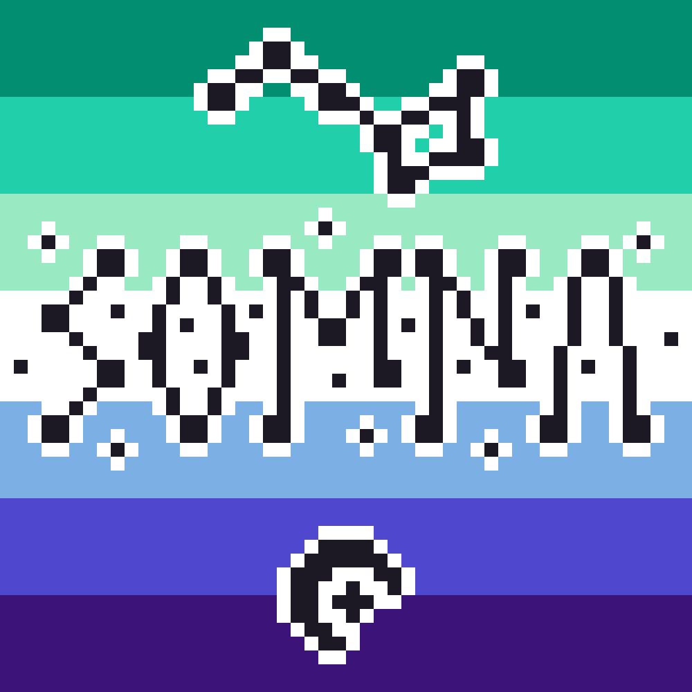 Pixel art: The word "Somna" in the shape of constellations with stars around on a background of the Gay Man Pride flag. The constellation Big Dipper above the text, a crescent moon with a star below.