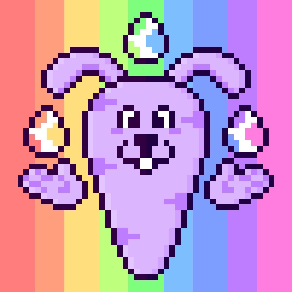 A pixeled purple Easter Bunny shaped like a carrot with eggs hovering over the paws & head.