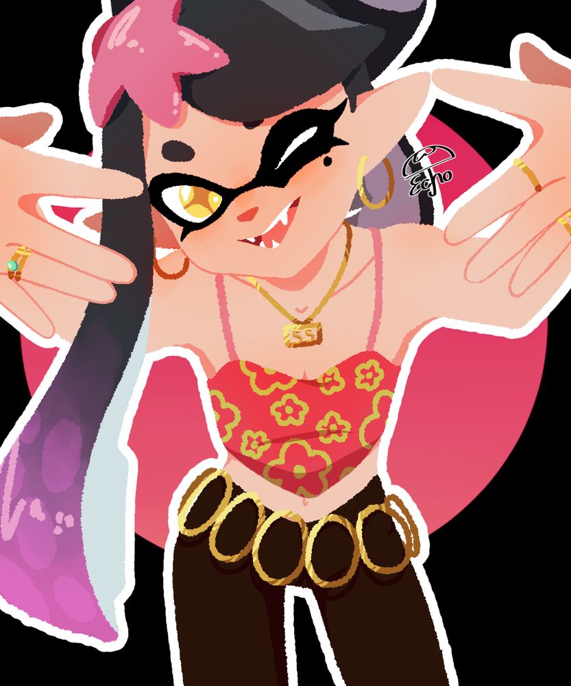 Callie from Splatoon on black background + a raspberry colored circle, and a white outline surrounding her body. She is stanced slightly forward with her arms extended to show off her gold rings. She is also wearing a coral starfish on her head, a reddish top with yellow flowers, brown pants with a gold hoop belt, gold hoop earrings, and a necklace with "SS" initials to represent the Squid Sisters. Callie has one loose tentacle on the left side and the other tentacle in a loop that attaches to the bow on her head.