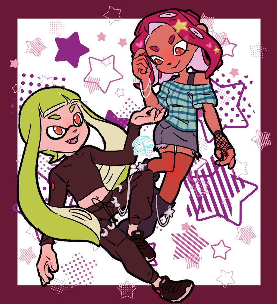 Ship art of Agent 8 and Agent 3 from Splatoon. Agent 3 (wearing tech-wear clothing) is extending a hand to Agent 8 (wearing Y2k), while 8 is shyly pulling a tentacle away from her face.