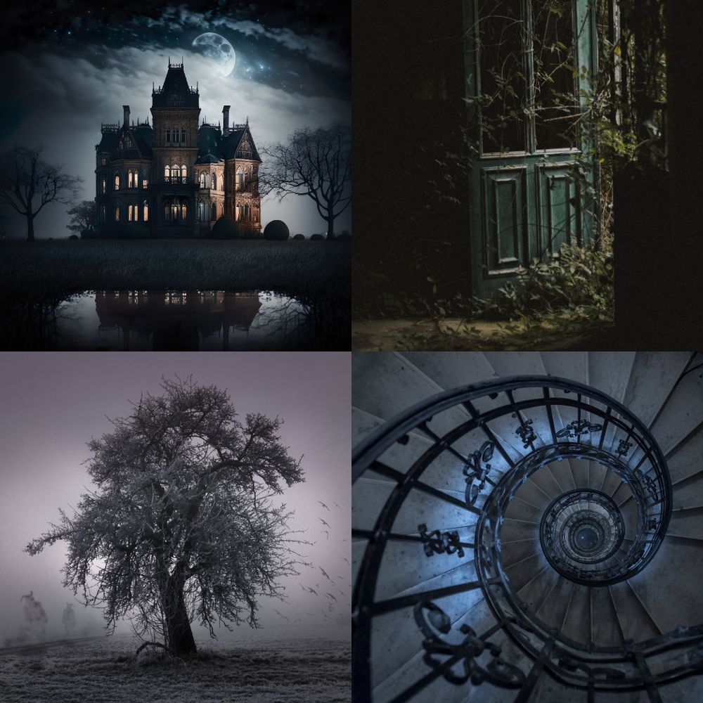top left: creepy mansion overlooking lake at night, top right: open door covered by vegetation, bottom left: big tree in empty landscape against gray sky, bottom right: black and gray spiral staircase from above