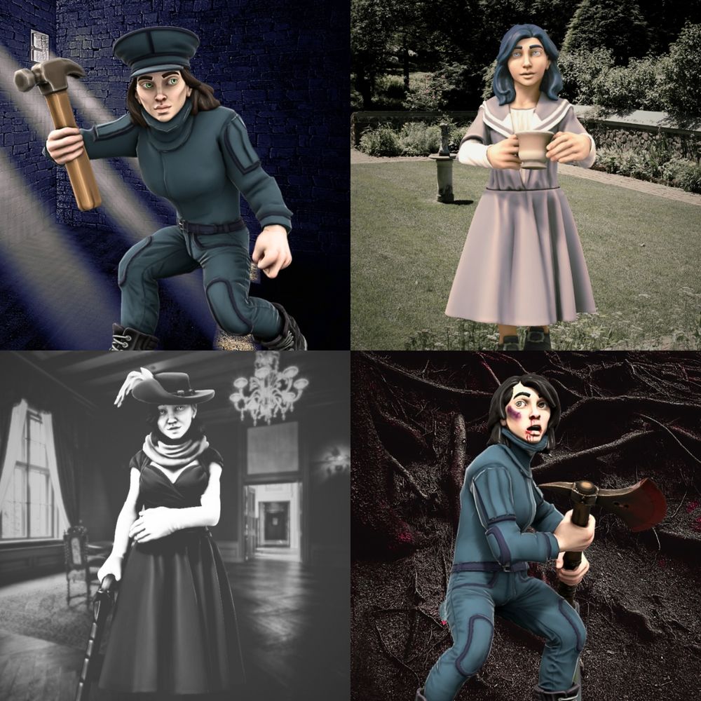 top left: woman in prison guard uniform holds hammer in jail cell, top right: young girl with black hair and beige dress holds a cup of tea in a grassy courtyard, bottom left: black and white picture of a woman in dress and feathered cap, holding a cane in a fancy room, bottom right: bloodied woman in prison guard uniform holding an axe in front of tangled tree roots