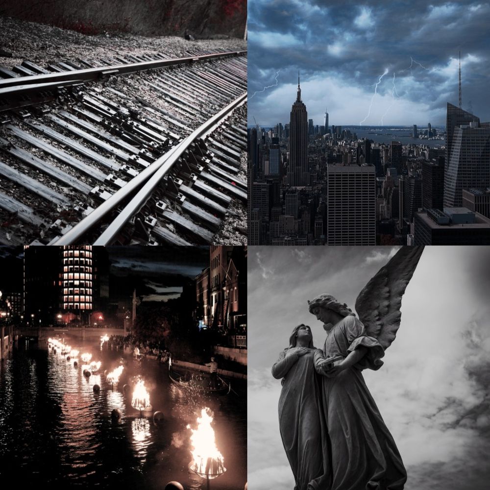top left: gray train tracks, top right: stormy city, bottom left: torches in river at Waterfire festival, bottom right: gray angel statue