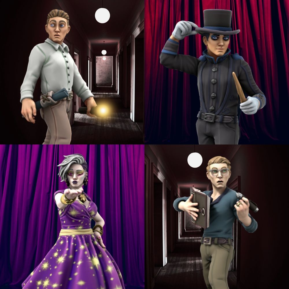 top left: man in collared shirt wandering through creepy hall with flashlight and blueprints on hip, top right: magician in black suit and top hat in front of red curtain, bottom left: drag queen in starry purple dress and gray wig in front of purple curtain, bottom right: pale man in glasses wandering through creepy hallway, holding book and pen