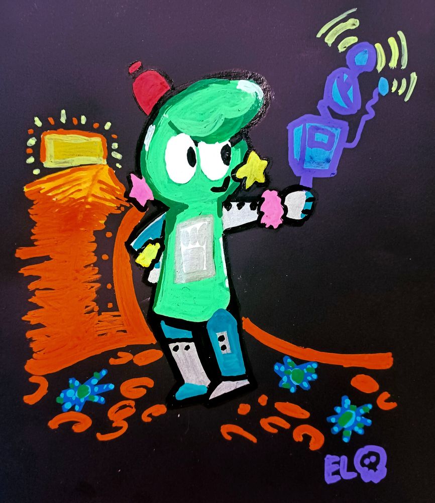 A bright acrylic marker drawing on black paper of EL, a humanoid whose body, head and hair are made of green slime. He has robotic limbs, a panel with buttons on his chest, a beanie, and star earrings in mismatched colors with matching fuzzy bracelets. EL stands in the midst of an arid-looking landscape similar to a desert. Small craters and spotted flowers dot the ground, and a rectangular sun rises over a boxy rock face in the background. Currently EL, facing frontward and slightly left, hand on their leftmost hip, looks off to our right, with their rightmost arm outstretched holding a bulky device on a grip handle; with its radar dish and antenna attachments radiating visible waves, it appears to be a detector of some sort, as if EL is searching for things in the area. At the bottom right corner the drawing is signed "EL" with a skull or jellyfish-like icon.