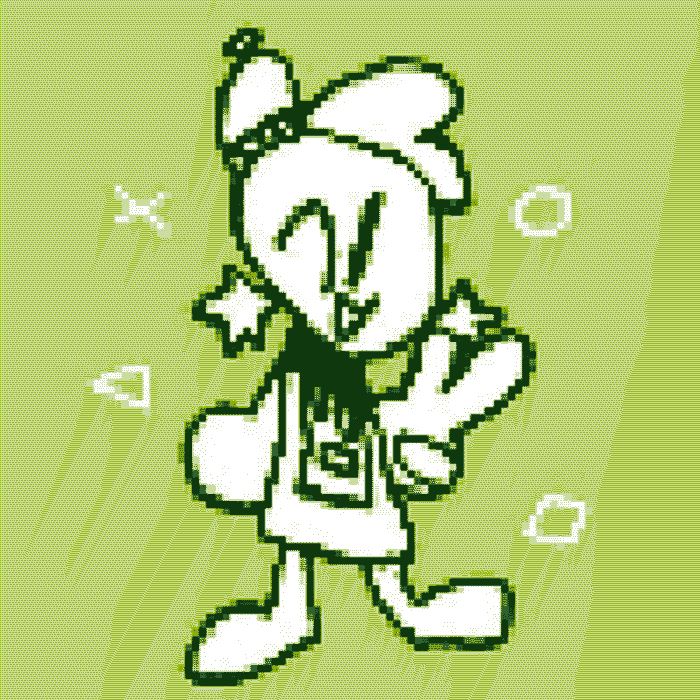 A dithered drawing of EL the Slime Robo (a humanoid with robotic limbs and a slime head and body, with a mechanical chest panel, a beanie, star earrings and a choker) in an even more deconstructed 'super-deformed' style than usual giving a happy wink and a peace sign. Decorations in geometric shapes like the Playstation action buttons surround him. The dithering is in the shades of green of the original Game Boy's display, and as the picture was already edited with a pixelation filter beforehand, it makes it appear as if it has pixels within pixels.