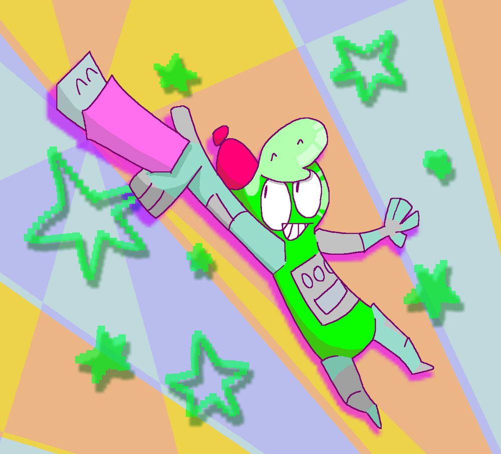 A digital illustration of EL, a beanie-clad humanoid made of green slime with robotic limbs and a panel with buttons on his chest, triumphantly jumping in the air. Dynamically posed, his right arm (our leftmost) stretches straight up and outward, holding a pink, rectangular USB-A flash drive, with the holes on the plug replaced by two closed eyes with a happy expression. EL looks up at the USB and grins, like he has recieved a collectable in a mission-based platform game. Translucent green stars surround EL, casting dark green drop shadows. EL and the USB cast a magenta drop shadow. All of this takes place against an abstract background where obtuse polygons in light blues and oranges are arranged like checkers, some of whose edges extend from an origin at the location of the USB drive.