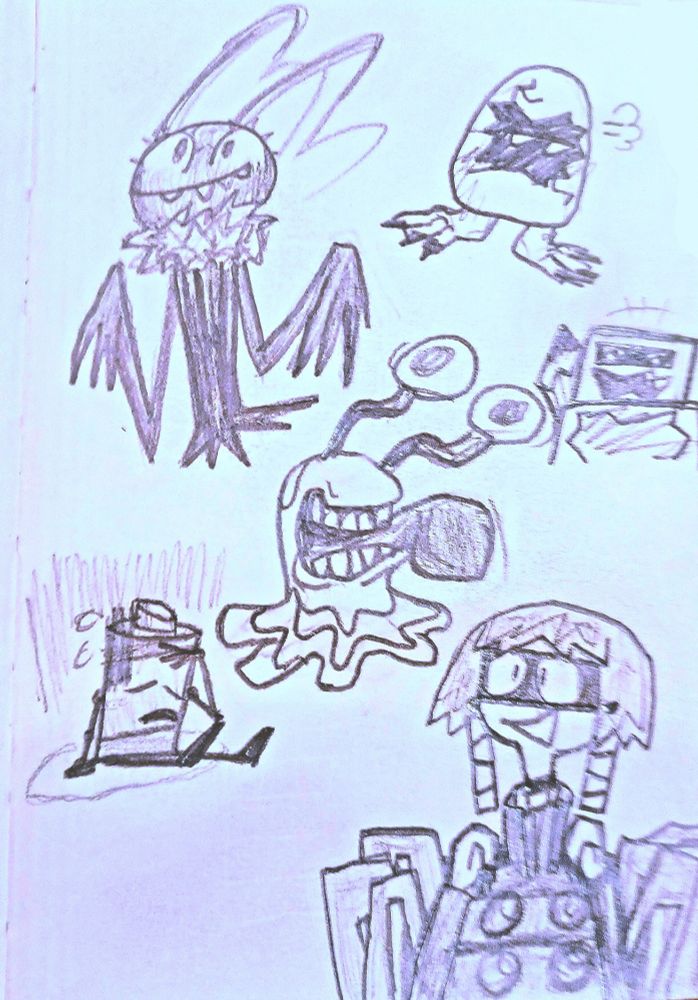 Several stylistic pencil doodles of six digimon, given a cool-colored tint. Accuracy to original designs varies. There's a Keramon standing upright and looking above with a content and unsuspecting grin, a Digitamamon glancing off to the right in a miffed huff, a cheerful Omekamon with a bulkier physique with no horns and a pencil rocket instead of a marker one, a Numemon happily sticking their tounge out and being silly, a gloomy dispositioned Batterimon sitting upright and rubbing their forehead and sweating in embarrassment, and a happy and excited Arukenimon holding their arms and fists up in front of their torso in a pose of anticipation.