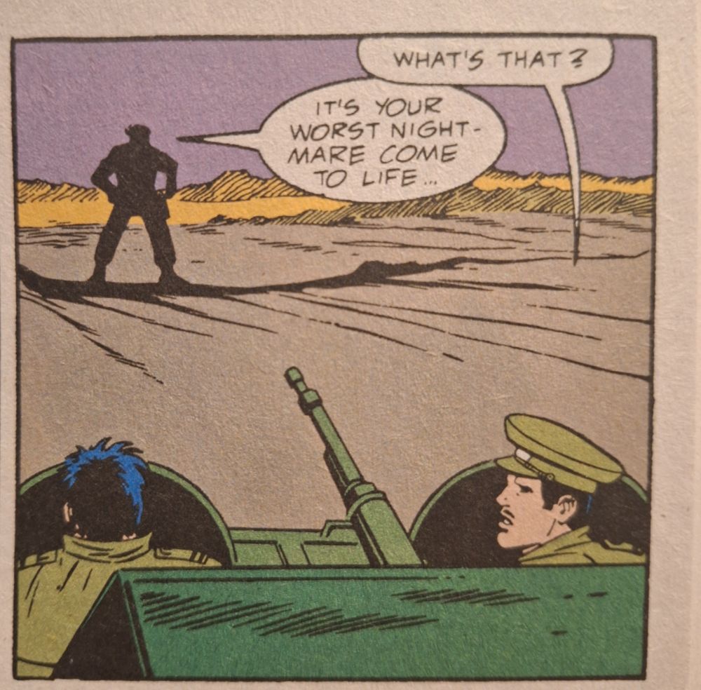 Une case de la BD "GI Joe Special Missions #13". Deux soldats étrangers au premier plan. L'un d'entre eux dit "What's that?". Face à eux, une silhouette sombre au beau milieu de la route répond : "it's your worst nightmare come to life..."