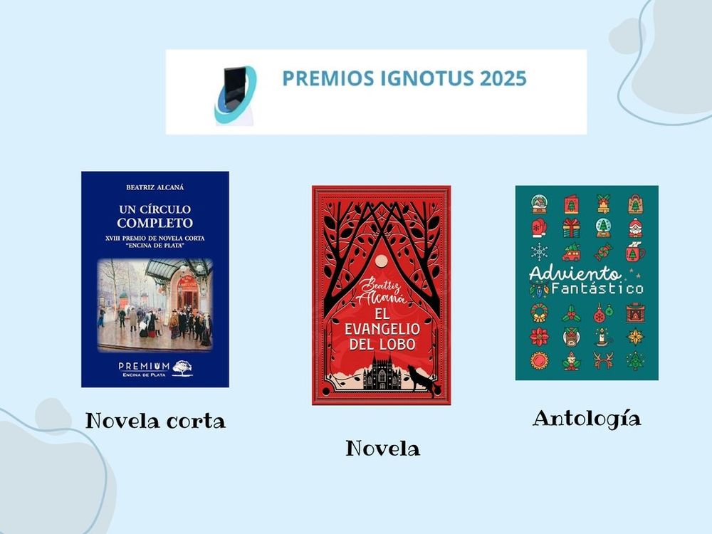 Cartel azul con las cubiertas de las tres obras arriba mencionadas y el logo de Pórtico. 