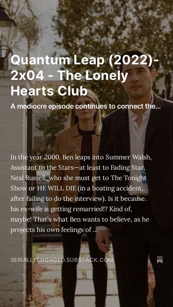 A man (Ben Song) stands to the right in a suit looking concerned while a woman in a brown jacket (Addison) stands a bit behind him.