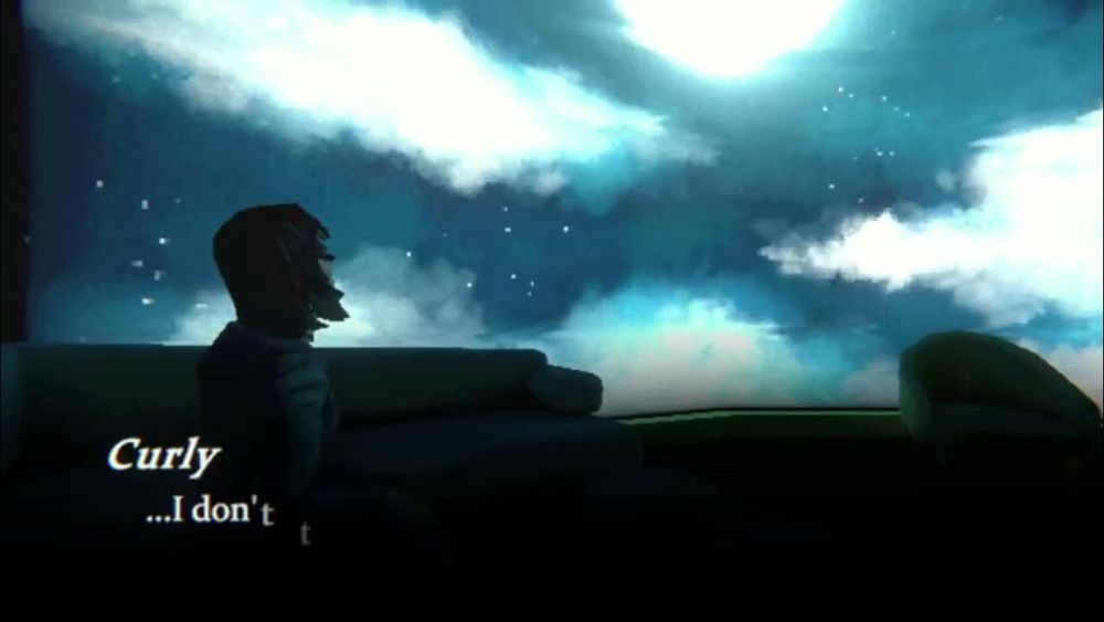 Screenshot of mouthwashing, specifically the scene in which curly and anya are talking about the dead pixel on the big screen