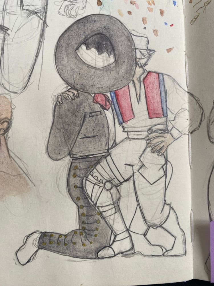 Jayce is on one knee while Viktor is sitting on his left knee. Jayce is a traditional charro and his hat is covering his and Viktor face. Viktor is in a traditional kroj. The drawing is not completely painted