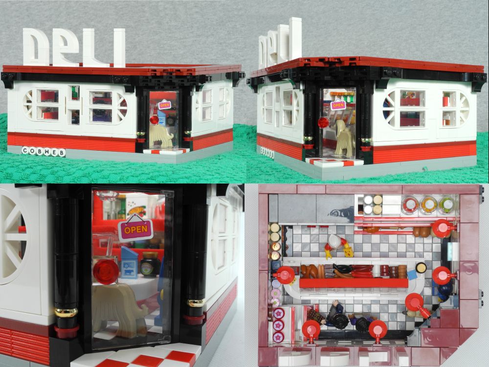 A four-pane image of a Lego delicatessen, the top two views are of the outside, showing the fancy ovoid windows. The bottom left pane is a close-in view through the diagonally set door. We can see the rear of a dog and, on a counter, a carton of milk and a jar of Brickmite. The door has an 'open' sign on it. The bottom-right pane is a top-down view, where we can see that the floor is tiled in white and grey and there is a meat-counter set across the middle.