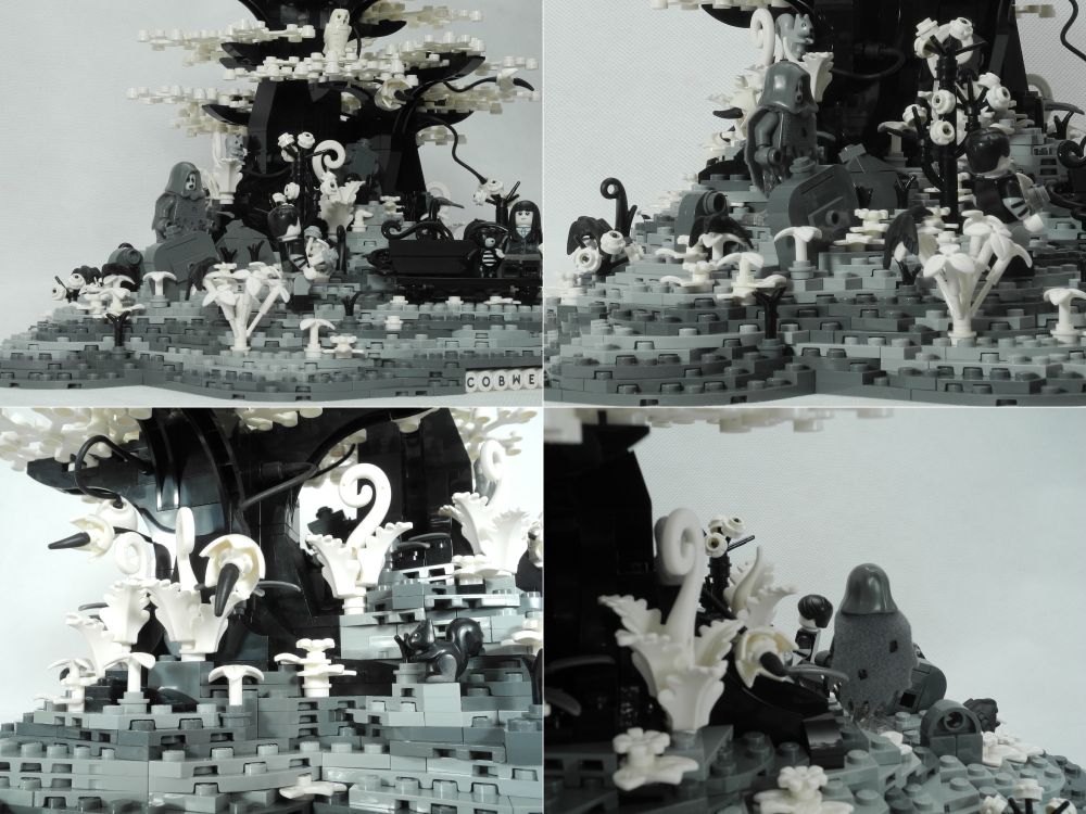 A four-pane image showing various detail views of the graveyard scene. Top-left, we can see all three visitors, two (presumably) alive, and one most certainly not. He looks more wistful than frightening. Top-right shows a closer view, from the same side, of the wonky headstones and the plants running riot among them. Bottom-left is a rear view of the bank, under one of the trees, lush ferns growing among the roots. A black squirrel sits and thinks his squirrelly thoughts. Bottom-right looks toward the back of the spectre, past more ferns. Spooky Boy is just visible beyond him.