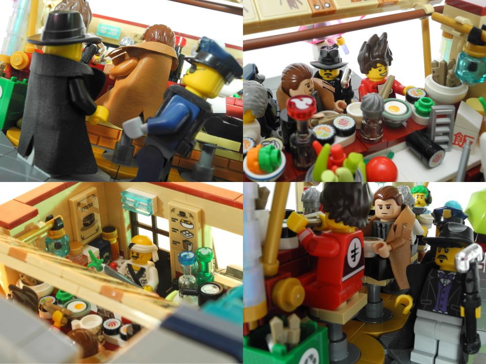 An image with four panes. Top-left shows a diner in  an overcoat from behind, being tapped with a silver-topped cane by a man in a long black coat and fedora. A uniformed officer in sunglasses stands to the other side of the patron. Top right is a view across the counter towards the patron. The cop in the fedora is brandishing his cane... "Hey, idi-wa!" he says. Bottom left shows the sushi chef standing with a large knife in one hand and a daikon in the other. "He say you under arrest," he tells the diner. "Got the wrong guy, pal," the diner tells the cop. Bottom right, we see the diner, looking less happy has turned towards the cop with the cane, still holding his bowl of noodles. The cop is turned towards us and we can see he is wearing a purple waistcoat and a bow-tie under his long black coat. He has droopy moustache goatee.