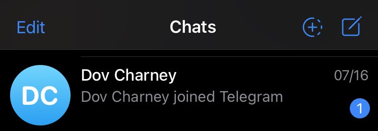 Screenshot of that says Dov Charney joined telegram