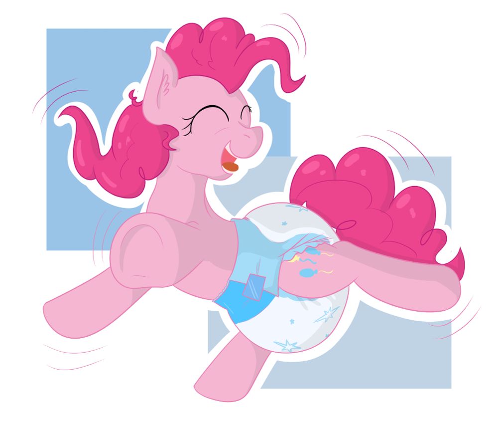 Pinkie pie wearing a diaper jumping in excitement.