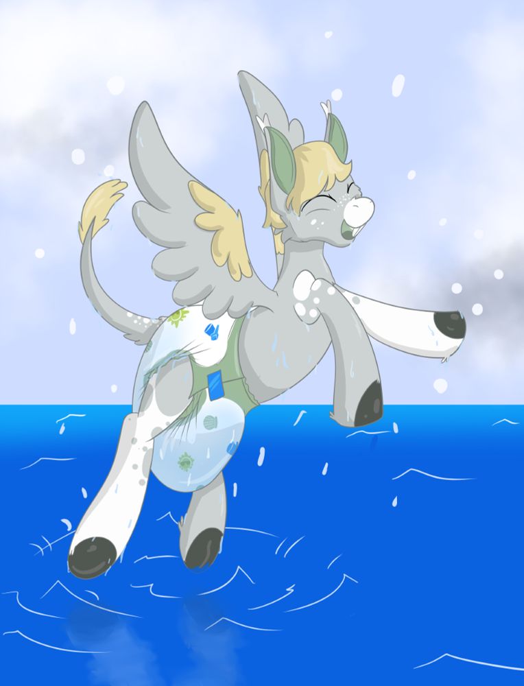Fickle feathers, a pegasus donkey, wearing a waterlogged diaper while he takes a small dip on the water.
