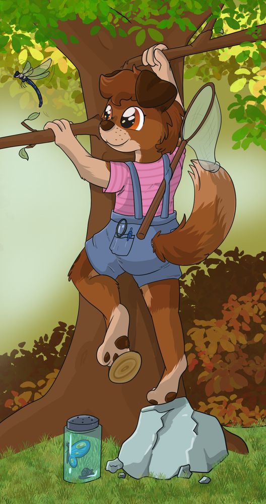 A juvenile dog furry climbing a tree catching bugs