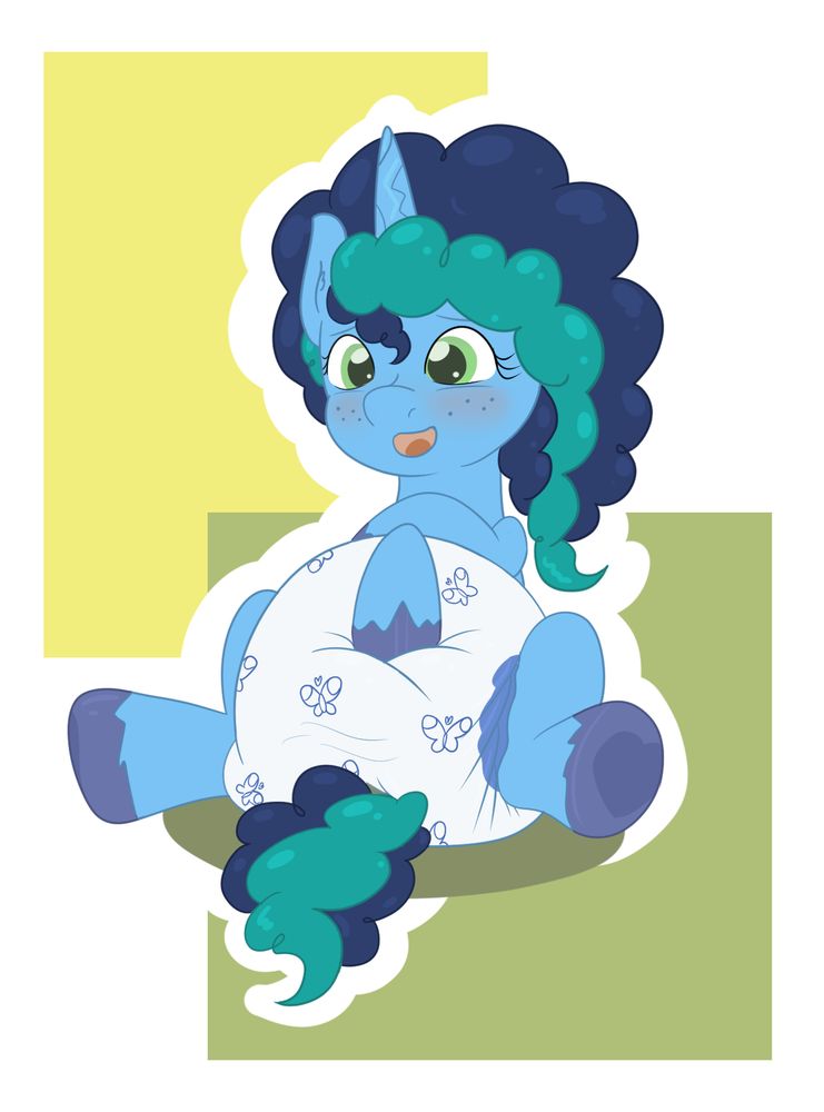 Misty sitting down checking her clean diaper.