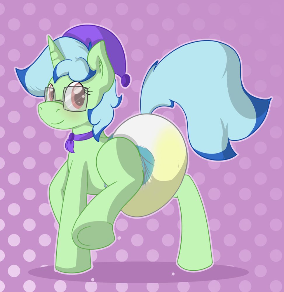 A unicorn pony showing her wet diaper