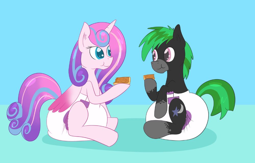 Two ponies sitting down weating diapers eating apple pie