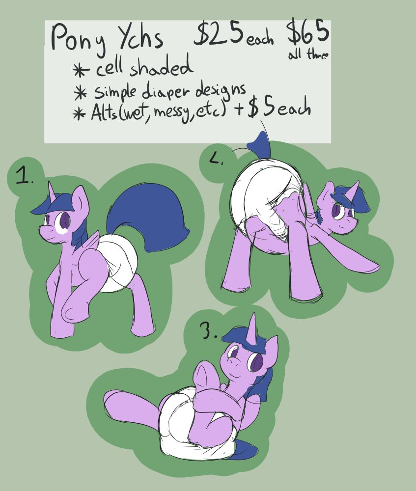 Pony YCHs.
$25 each, $65 for the three poses
Picture will be cell shaded.
Only simple diaper designs.
Alts (wet, messy, etc) +$5 each per pose

Usual ToS applies