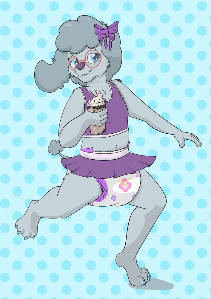 Chloe, an anthropomorphic poodle wearing a cheerleader outfit and a diaper. She is holding a very sugary drink.