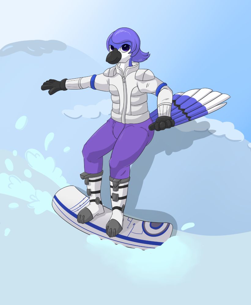 Jamie, an anthropomorphic blue jay, snowboarding downhill. He's wearing an Starfox themed outfit which subtly implies his padding.