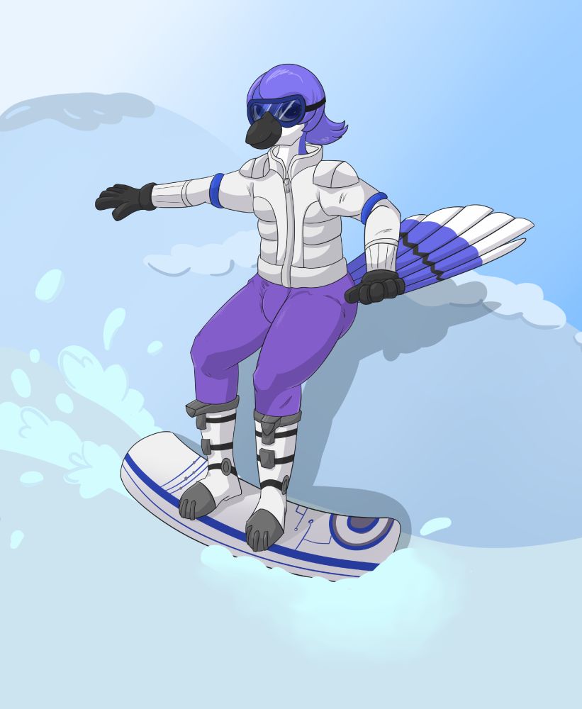 Jamie, an anthropomorphic blue jay, snowboarding downhill. He's wearing an Starfox themed outfit which subtly implies his padding. He has goggles on.