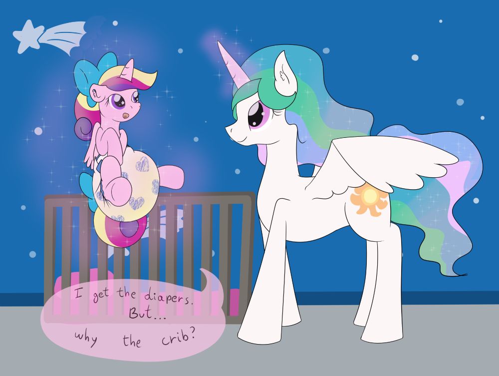 Princess Celestia levitating a teen Princess Cadence. Cadence says with an embarassed look "I get the diapers... But why the crib?" in reference to the simple nursery background in whch the scene takes place