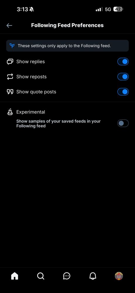 screenshot of the following feed preferences setting page, where there are toggles for showing replies, reposts, or quote posts on your following feed 