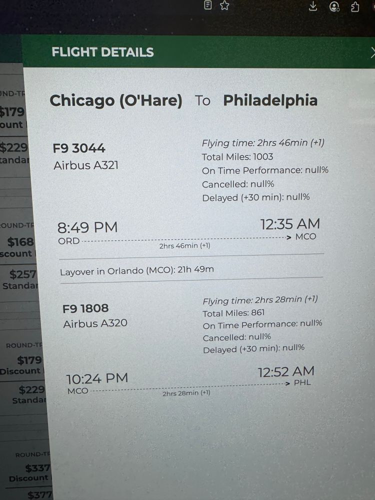 screenshot of a possible flight route you could take, if you so chose, to get from chicago to philadelphia. it includes a 21 hour and 49 minute long layover in orlando, florida. you get into orlando after midnight. you leave after 10 the next night. you get to philly after midnight. great things are happening. 