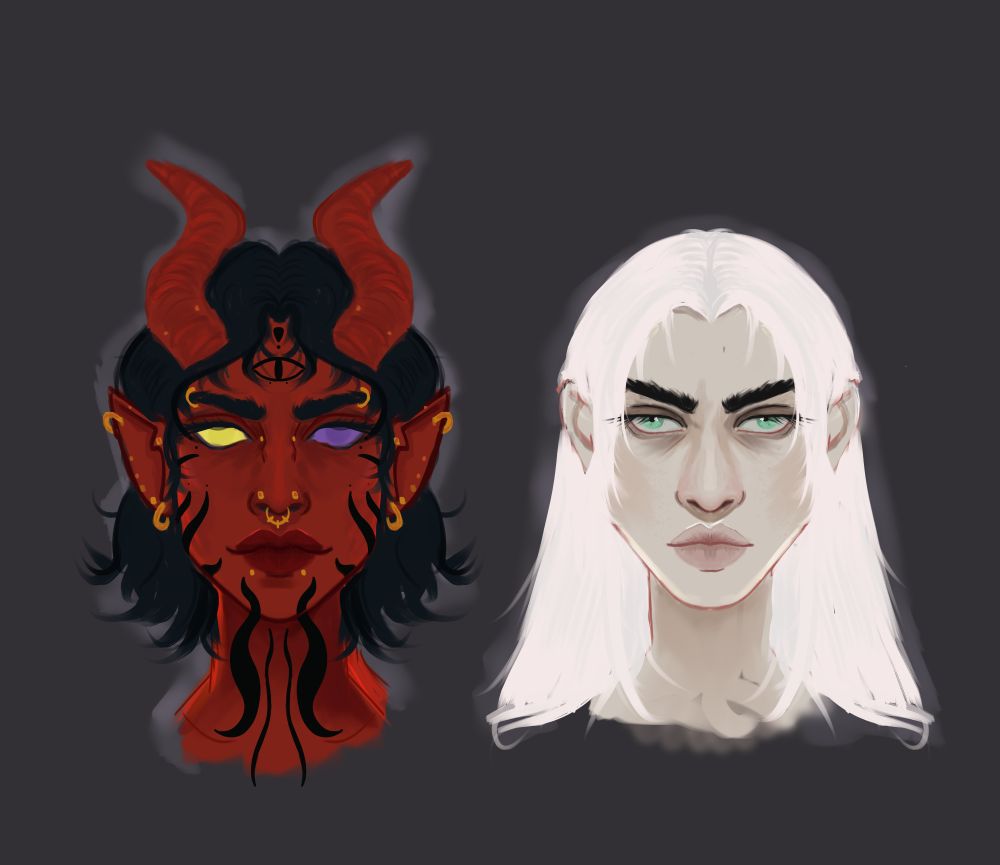on the left a red tiefling with gold piercings and heavy ink tattoos, one eye is gold and the other purple. on the right is a pale human with long white hair and green eyes. 